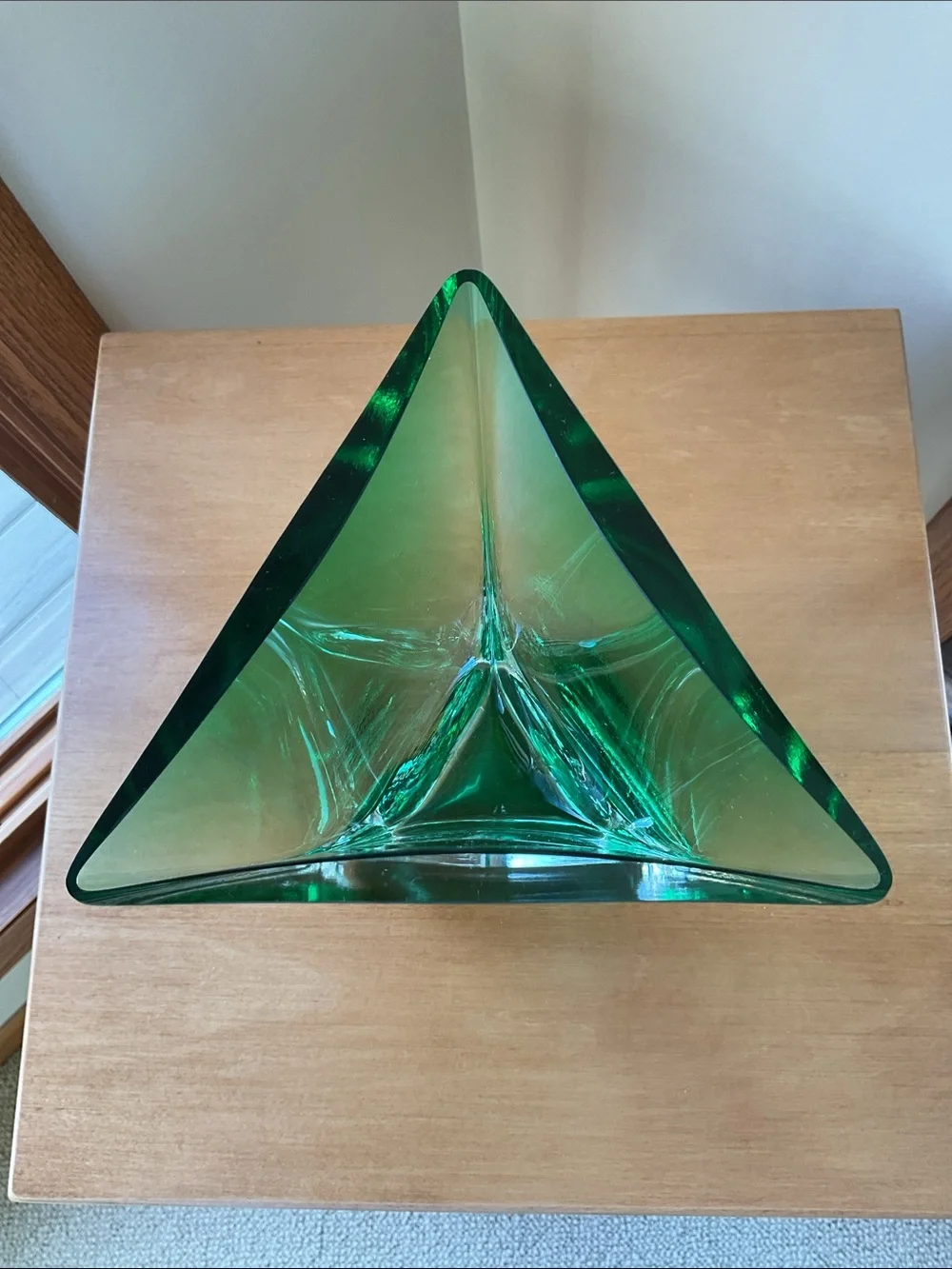 Triangular Green Vase, Glassworks Krosno, Poland 8.5” Tall